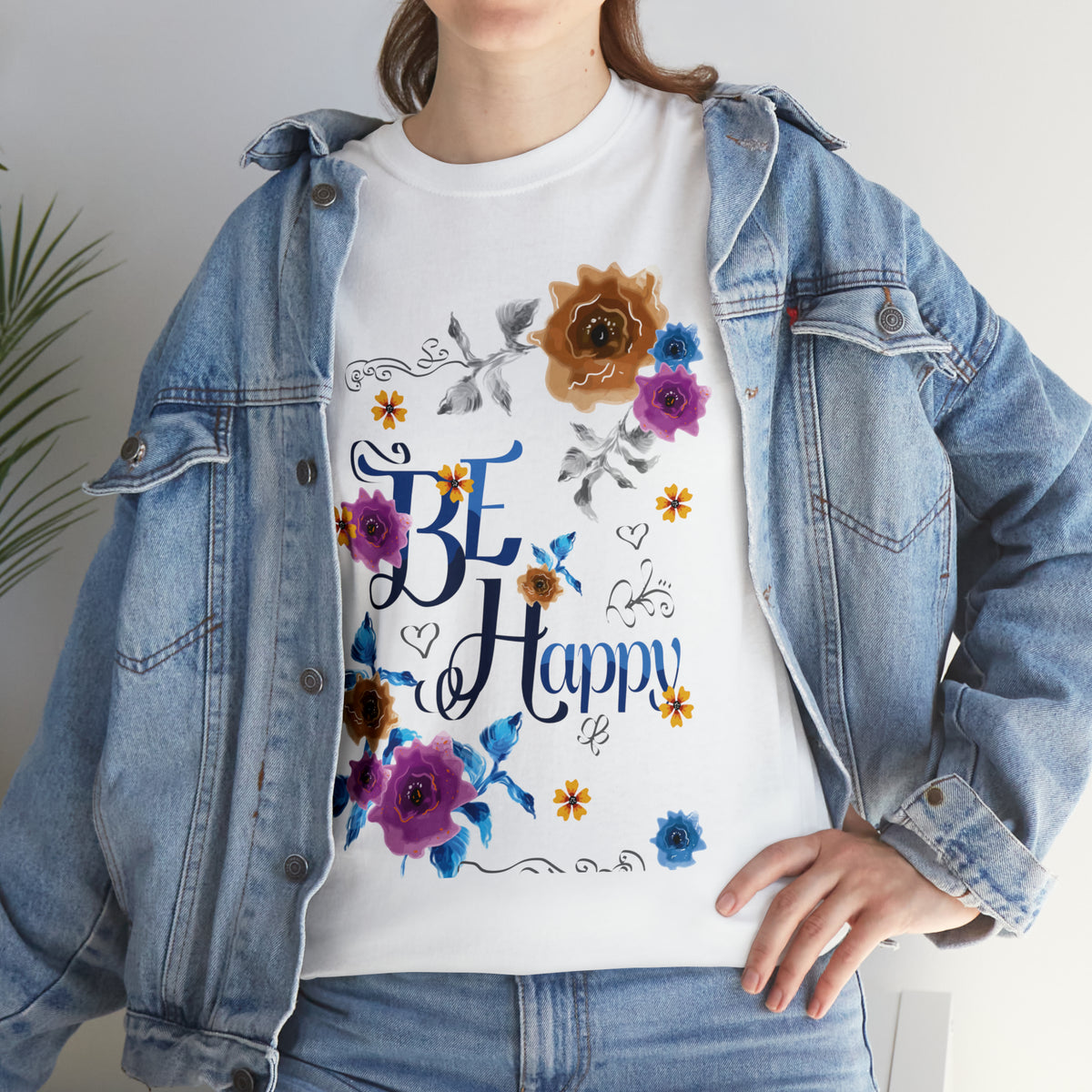 Be Happy flower Design Unisex Heavy Cotton Tee