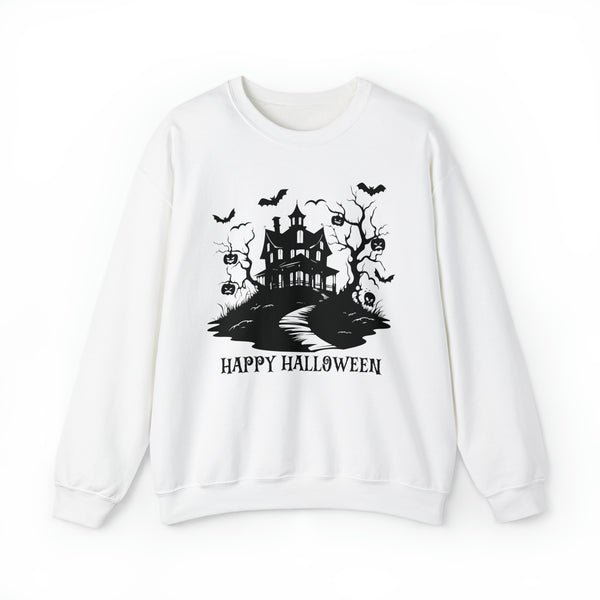 Eerie Elegance: Happy Halloween Unisex White Sweatshirt